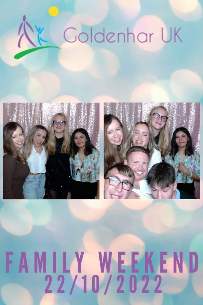 Group photos taken at a photo booth. Printed on blur photo paper with the words Goldenhar UK Family Weekend 22/10/2022